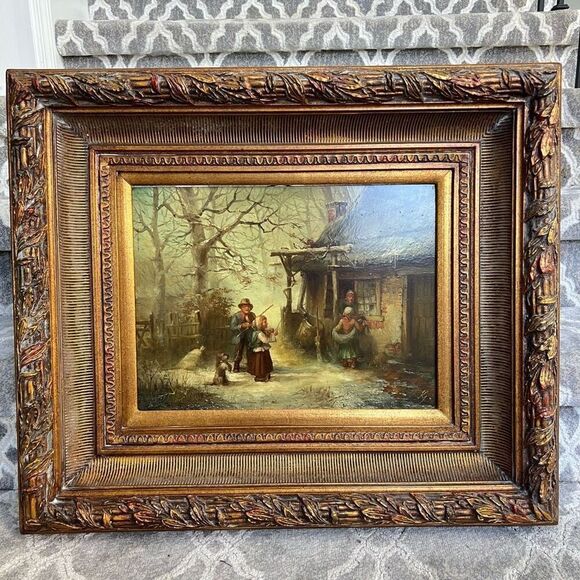 Vintage Oil Painting Panel with Large Wood & Gold Ornate Frame Little Musician - Picture 4 of 10